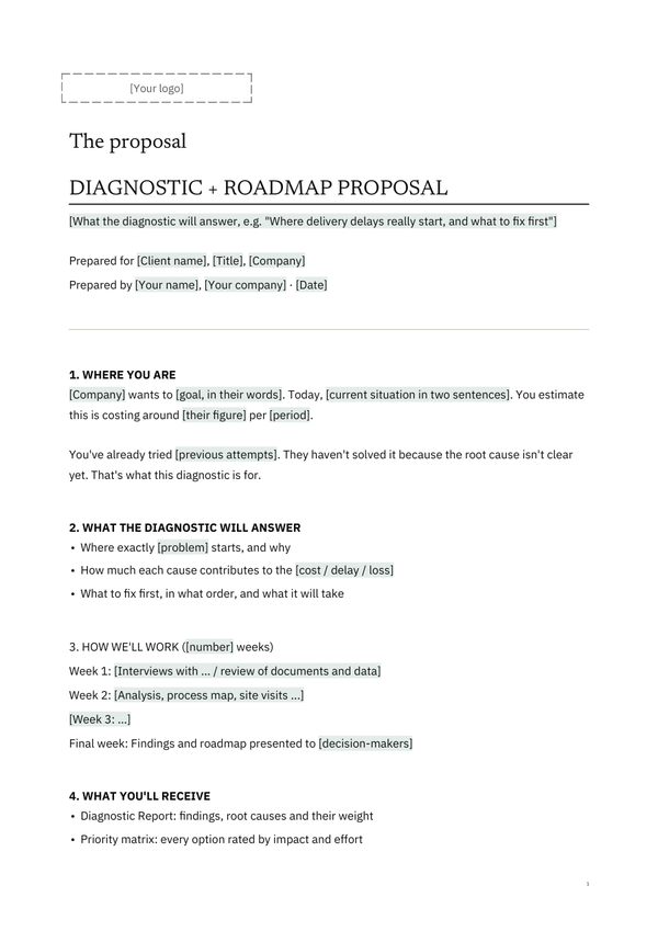 First page of the client version of C1, Diagnostic + Roadmap Proposal