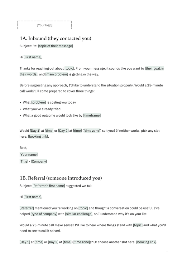 First page of the client version of E1, First-Contact Email