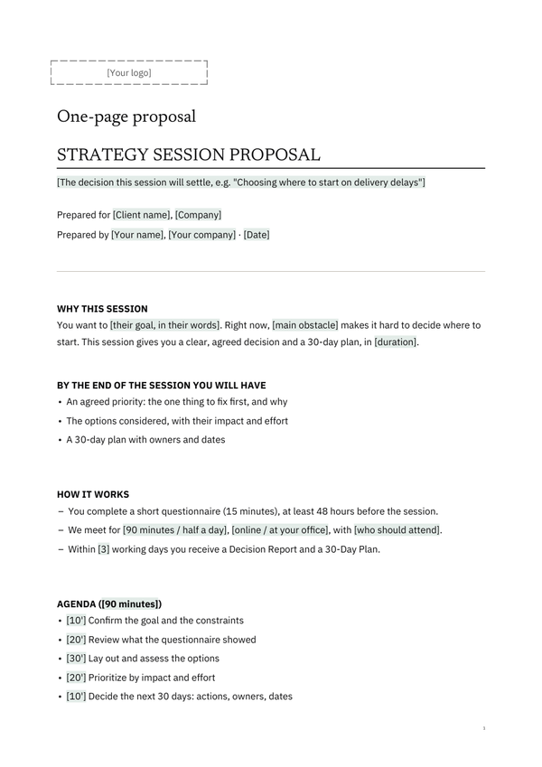 First page of the client version of E3, Strategy Session Proposal