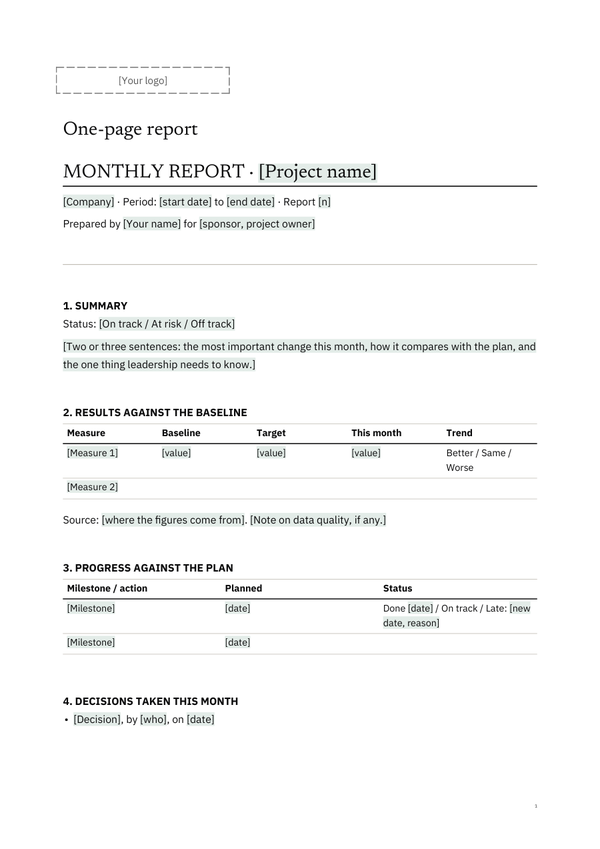 First page of the client version of E6, Monthly Executive Report