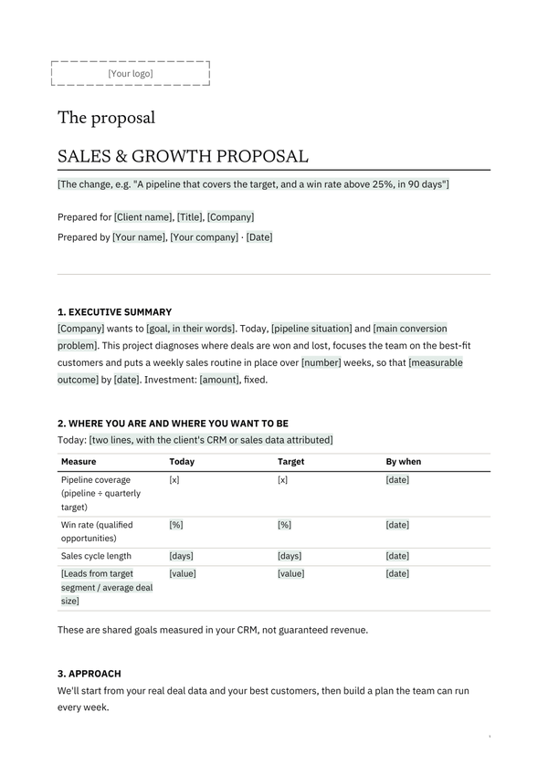 First page of the client version of S2, Sales & Growth Consulting Proposal