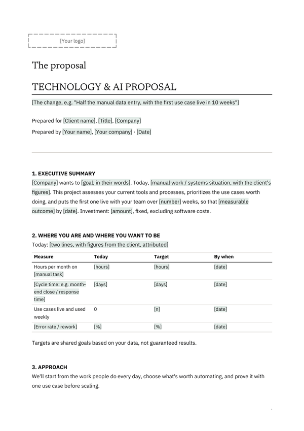 First page of the client version of S5, Technology & AI Consulting Proposal